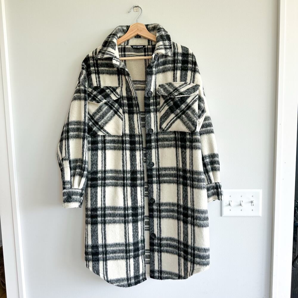 Steve Madden Plaid Mid-Length Button Front Shirt Jacket Ivory/Black S